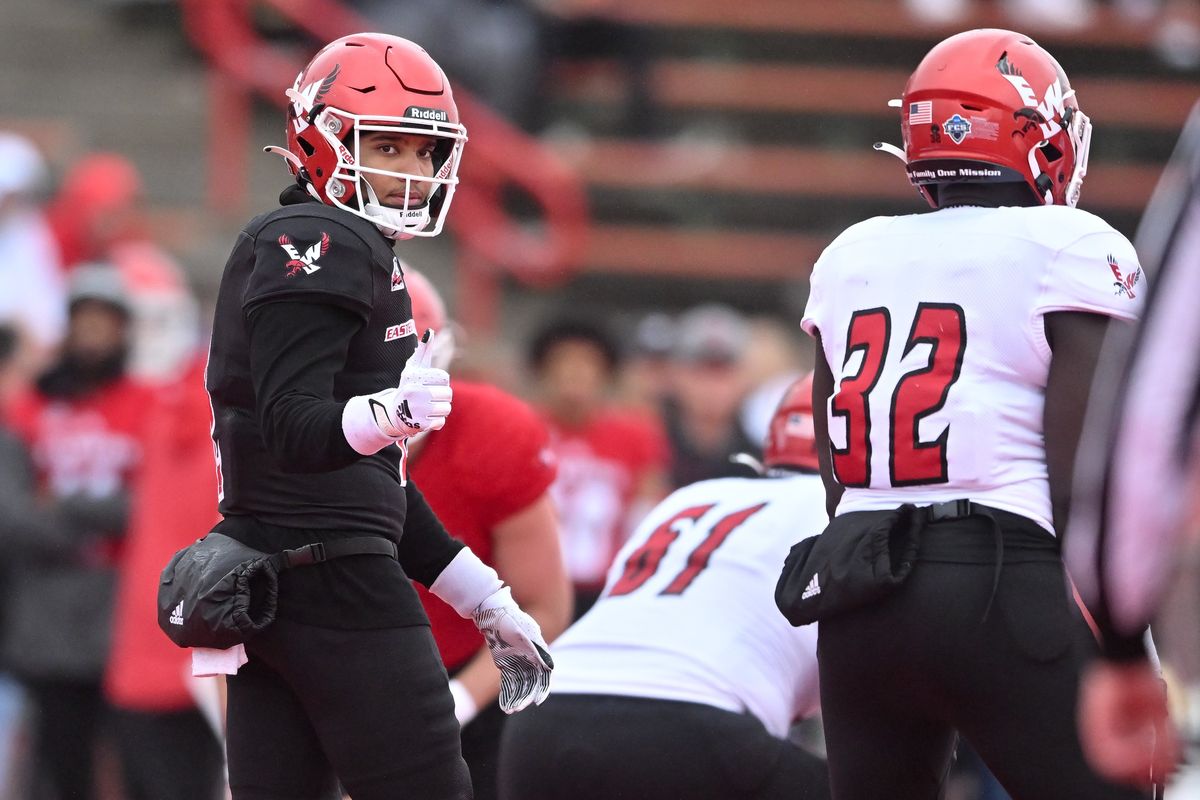 Eastern Washington Eagles quarterback Trey Turner (2) gestures during EWU’s Red-White spring game on Saturday, Apr 30, 2022, at Roos Field in Cheney, Wash.  (Tyler Tjomsland/The Spokesman-Review)