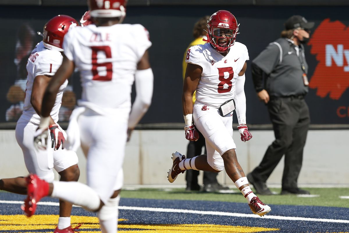 Washington State wide receiver Calvin Jackson Jr. celebrates after a touchdown against the Golden Bears during a Pac-12 game Saturday at Memorial Stadium in Berkeley, California.  (Associated Press)