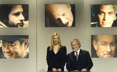 Actress Mira Sorvino, left, and Academy of Motion Picture Arts and Sciences President Sid Ganis announce the nominations for best director for the 78th annual Academy Awards. The nominees are, from bottom left: Ang Lee for 