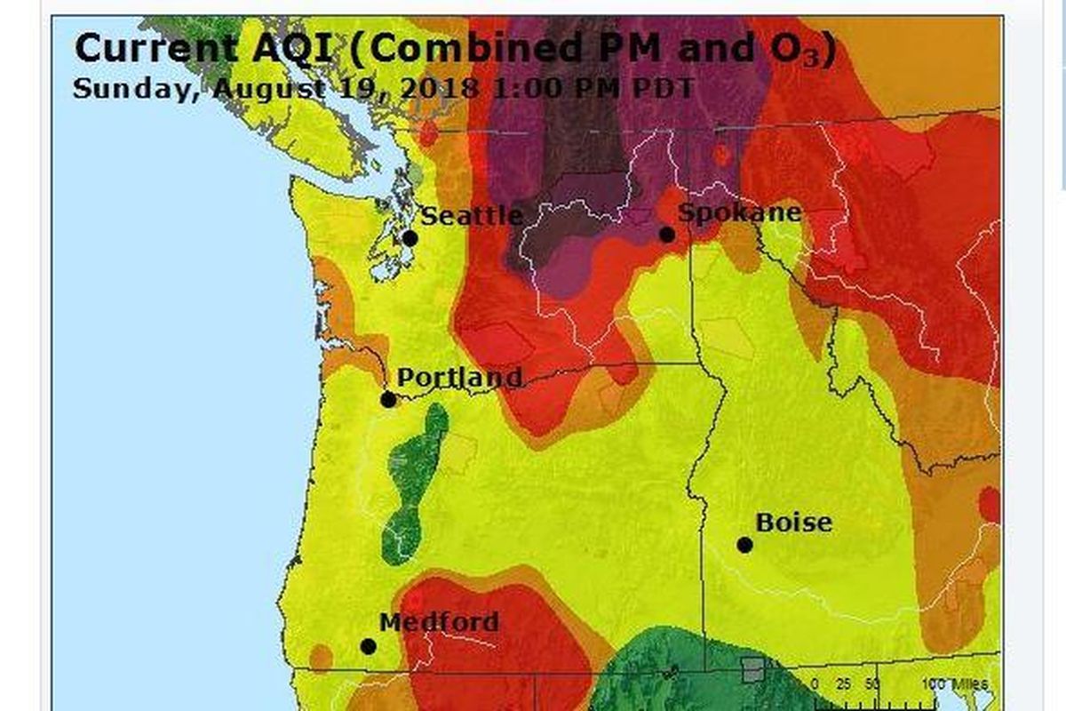 Air quality in Washington State ranges from moderate to hazardous, with the worst conditions in the center of the state. (AirNow)