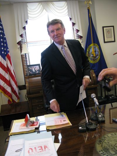 Gov. Butch Otter  vetoed dozens of hard-fought, successful budget bills this year to make his point to lawmakers that he wanted action on his transportation proposal. (BETSY Z. RUSSELL / The Spokesman-Review)