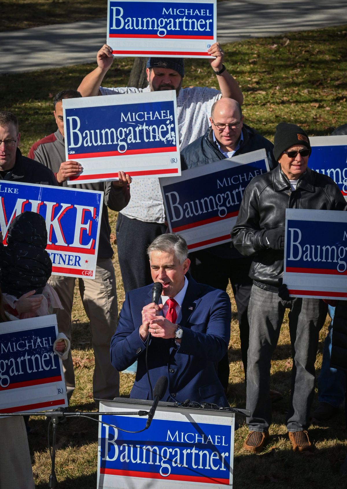 Rep.-elect Michael Baumgartner formally announcing his campaign on Feb. 26 at the University District Gateway Bridge.  (DAN PELLE/THE SPOKESMAN-REVIEW)