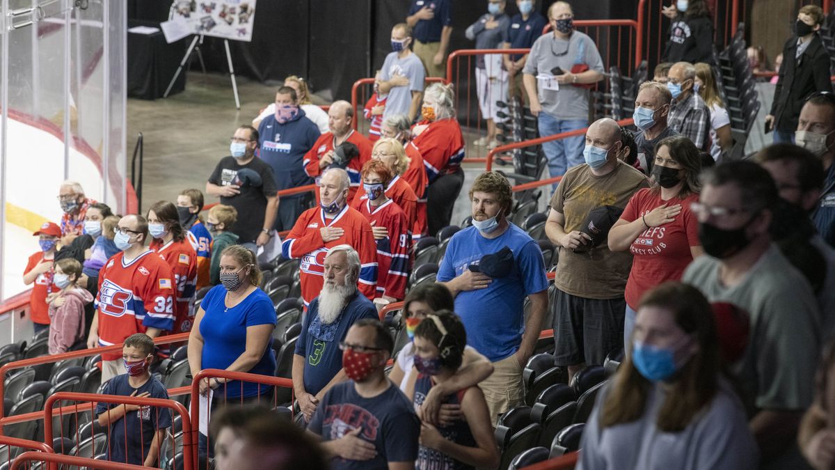 Most fans wore masks to the Spokane Chiefs’ annual Red-White Game on Sunday at the Spokane Arena.  (Jesse Tinsley/THE SPOKESMAN-REVIEW)