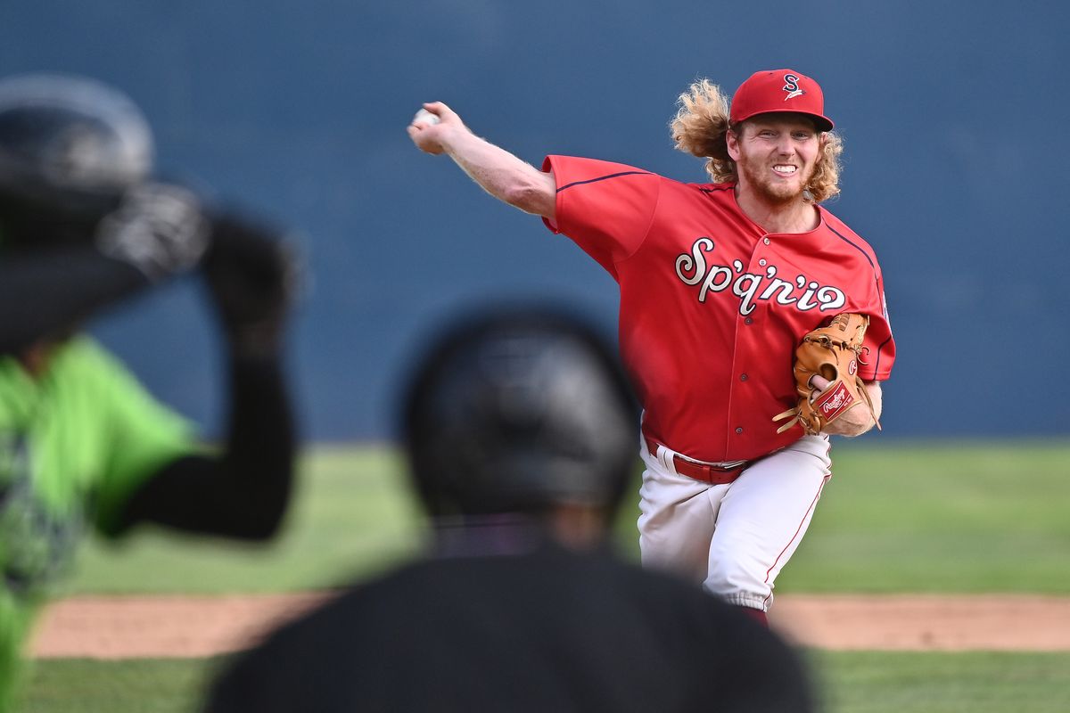 Indians starting pitcher Noah Davis delivers during the second game of a High-A West doubleheader against the Hillsboro Hops on Sunday at Avista Stadium in Spokane.  (James Snook / For The Spokesman-Review)