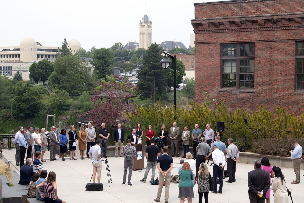 Spokane city and county officials talk with the media, Monday, July 19, 2021, in The Gathering Place beside Spokane City Hall and talk about the process that the city and county will use to allocate American Recovery Plan funds in the near future.  (Jesse Tinsley/THE SPOKESMAN-REVIEW)