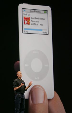 In this Sept. 7, 2005 file photo, Apple Computers Inc. CEO Steve Jobs introduces the new iPod Nano during an announcement in San Francisco. (Paul Sakuma / Associated Press)