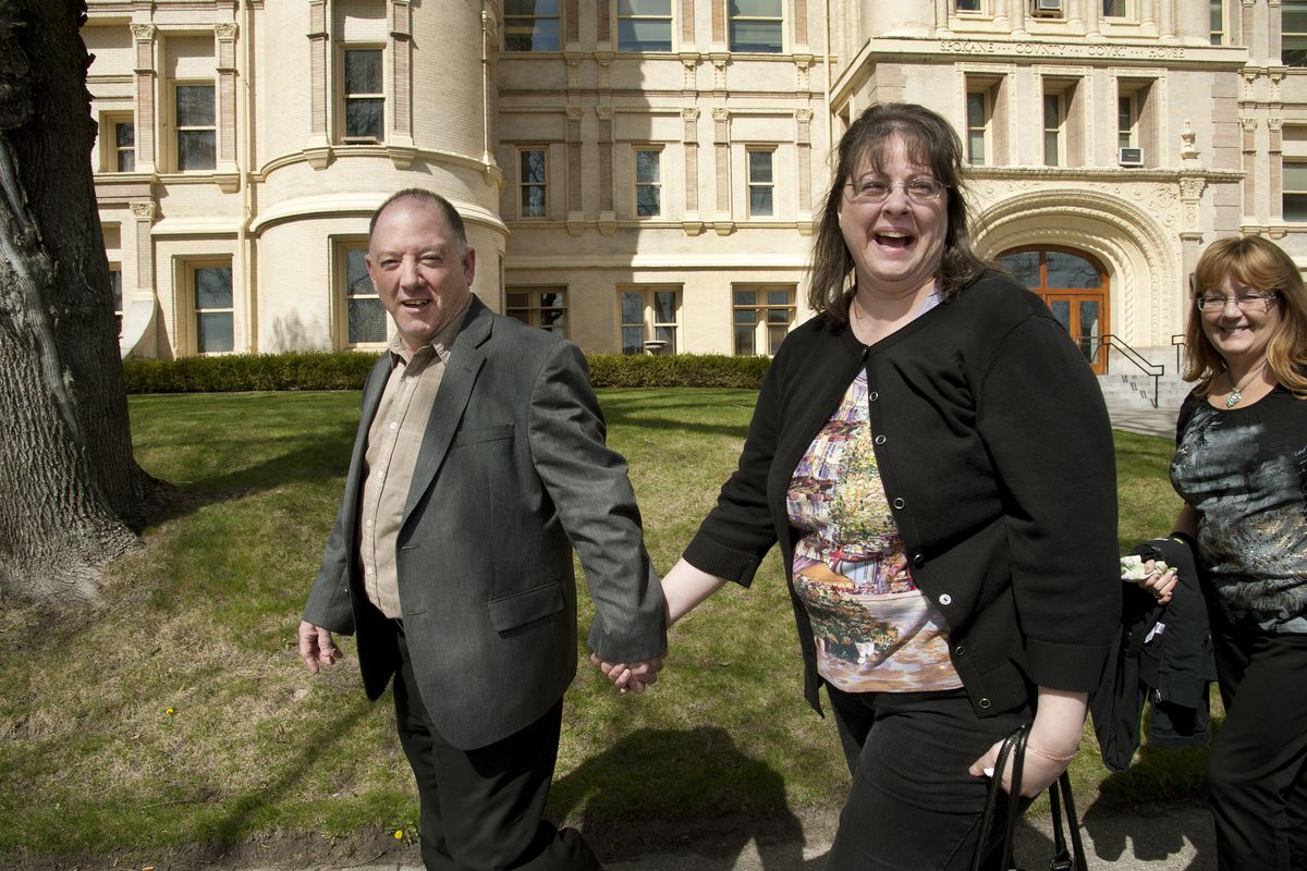 Gail Gerlach and his wife Sharon leave the Spokane County Courthouse, April 10, 2014, after a jury aquitted him of manslaughter in the shooting death of Brendon Kaluza-Graham in March 2013. (Dan Pelle / The Spokesman-Review)
