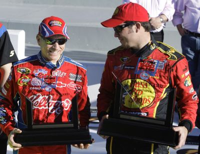 Associated Press Daytona 500 pole winner Martin Truex Jr., right, jokes with Mark Martin. (Associated Press / The Spokesman-Review)