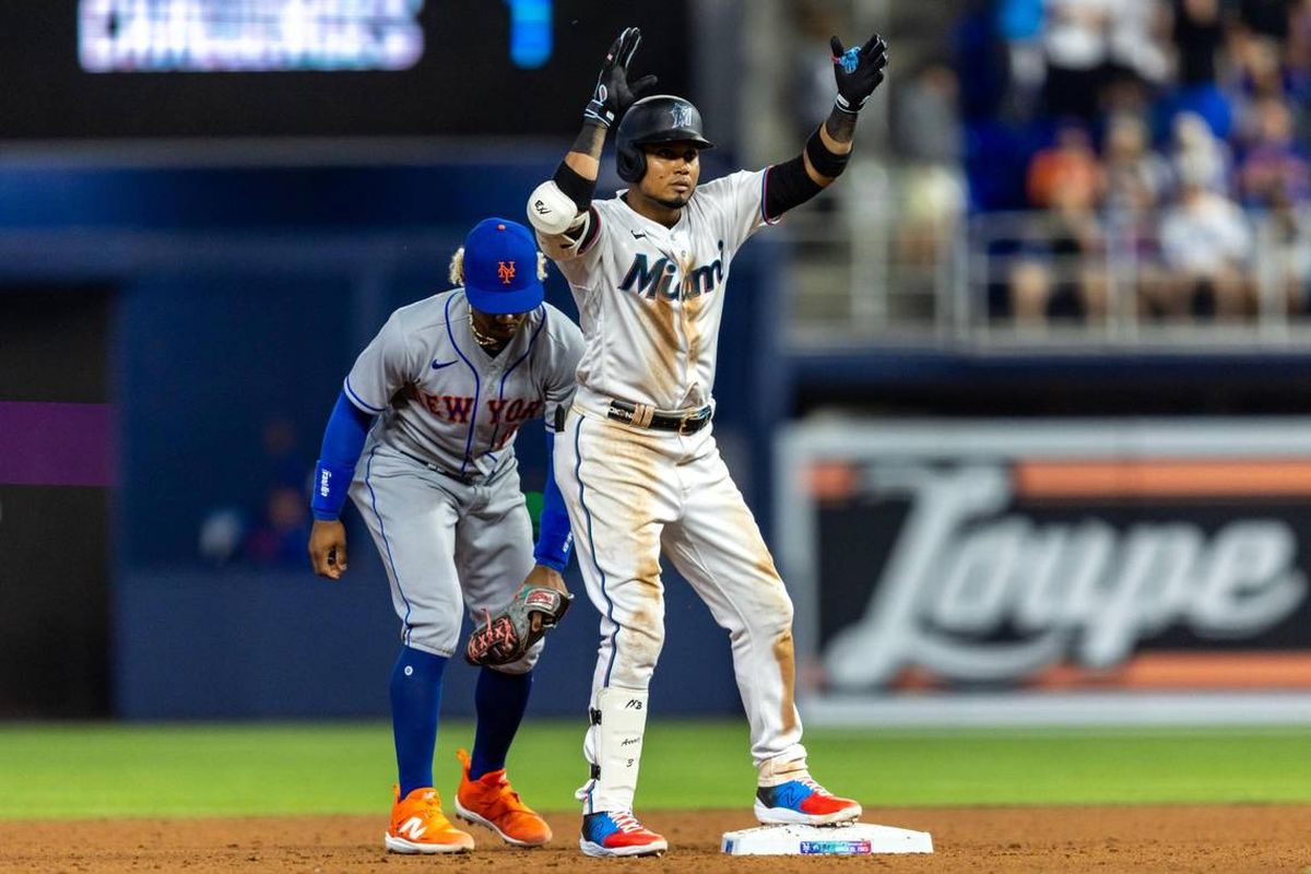 Miami Marlins’ Luis Arraez reacts to hitting a double against the New York Mets on March 30 at LoanDepot Park in Miami. Arraez leads the league in batting average at .403 through Wednesday.  (Tribune News Service)