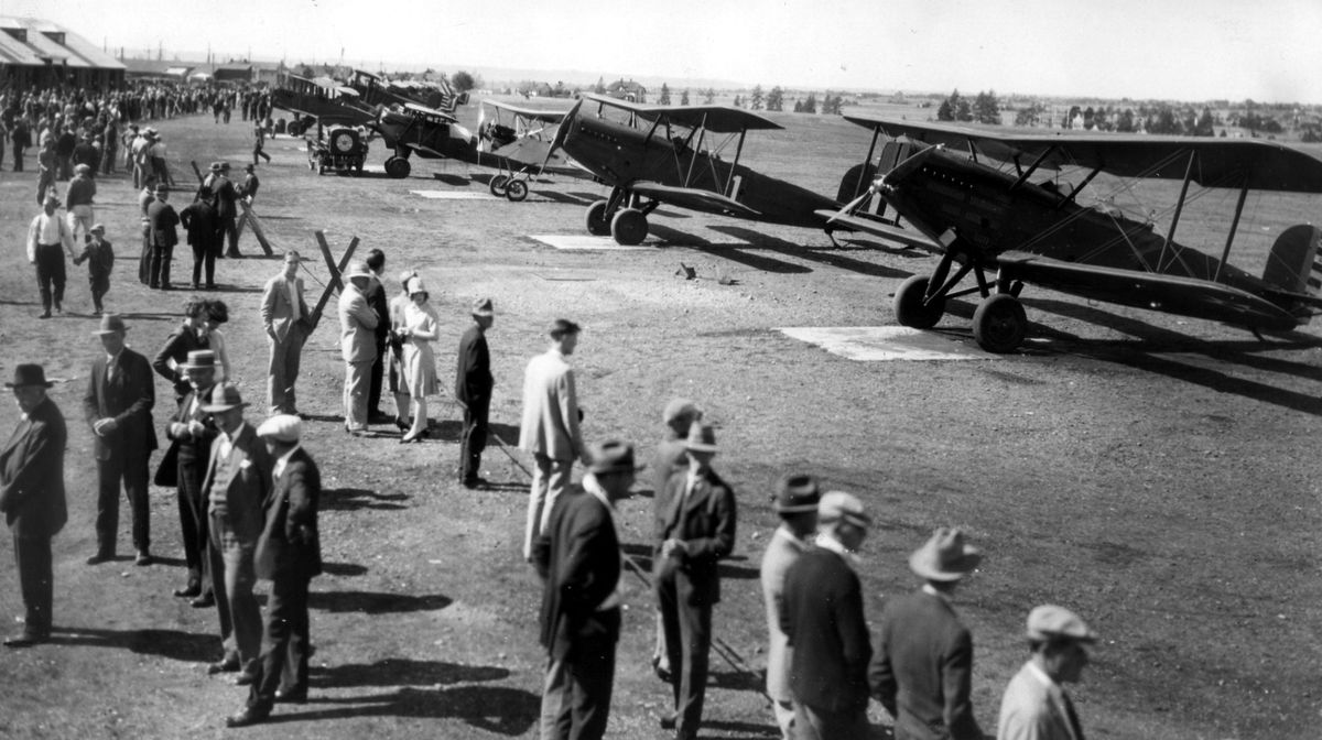 1927: Spectators walk the flight line at Parkwater Aviation Field in September 1927 to see some of the planes that were entered in the National Air Races. The airport, later renamed to Felts Field was the headquarters for the races that attracted aviation legends including  Wiley Post, Charles Lindbergh and  Jimmy Doolittle. (The Spokesman-Review photo archive / The Spokesman-Review photo archive)