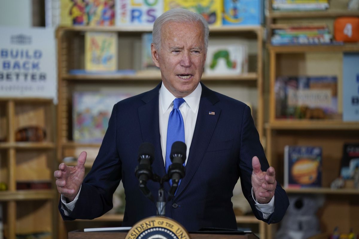 President Joe Biden speaks during a visit to the Capitol Child Development Center, Friday, Oct. 15, 2021, in Hartford, Conn.  (Evan Vucci)