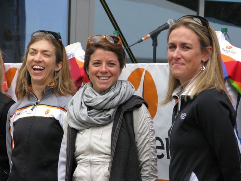 Bicycle racers Janel Holcomb, left, Evelyn Stevens, center, and Kristin Armstrong, right, gather in Boise before the inaugural Exergy Tour, a five-stage professional women's bike race that's drawn top contenders from 18 countries. (Betsy Russell)