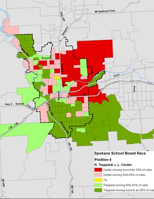 Map of the Spokane School District board race between Rocky Treppiedi and Laura Carder as of 11/5/09 (The Spokesman-Review)