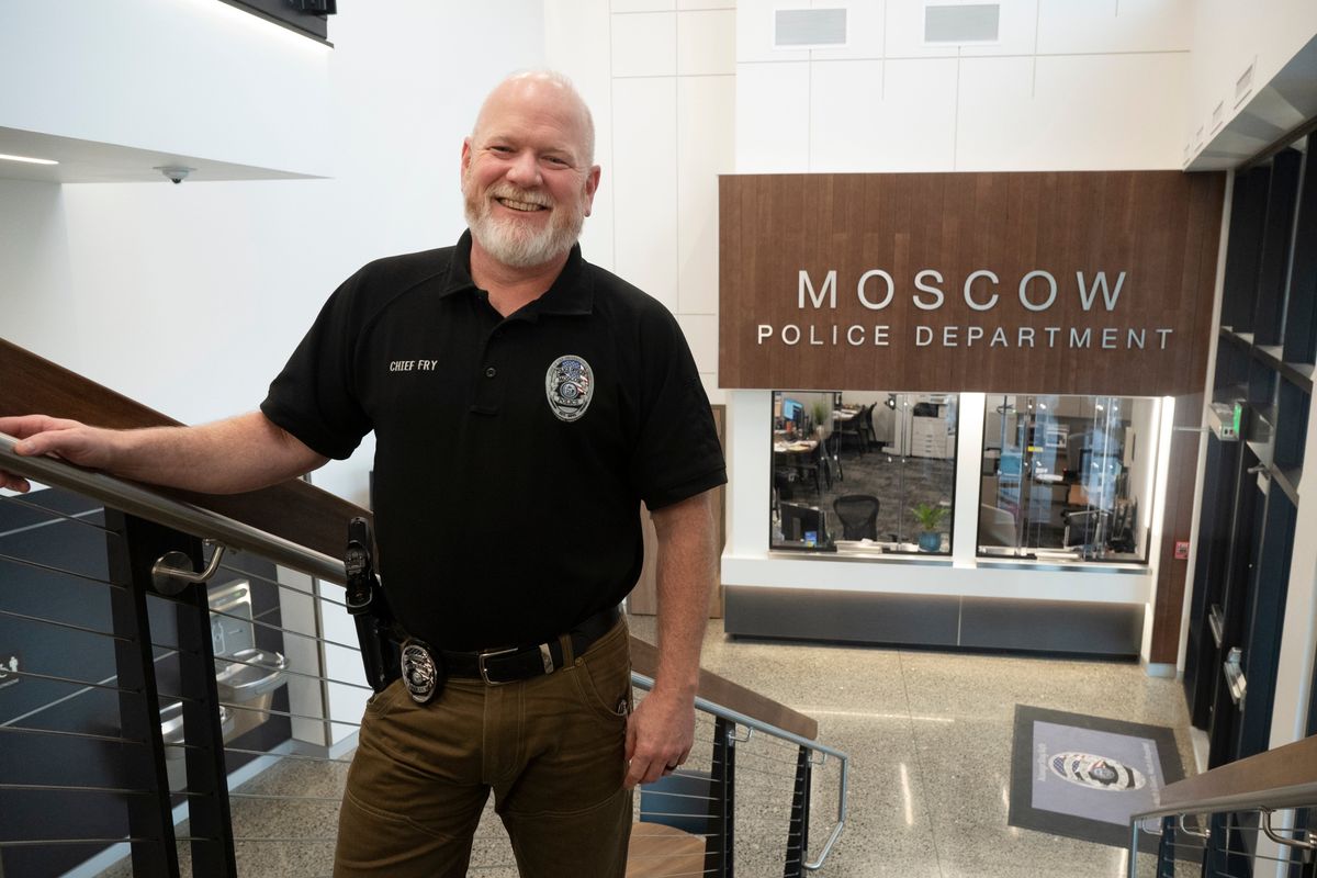 Chief James Fry of the Moscow Police Department stands in the entry way of the department’s year-old headquarters building on Thursday in Moscow, Idaho.  (Jesse Tinsley/THE SPOKESMAN-REVI)