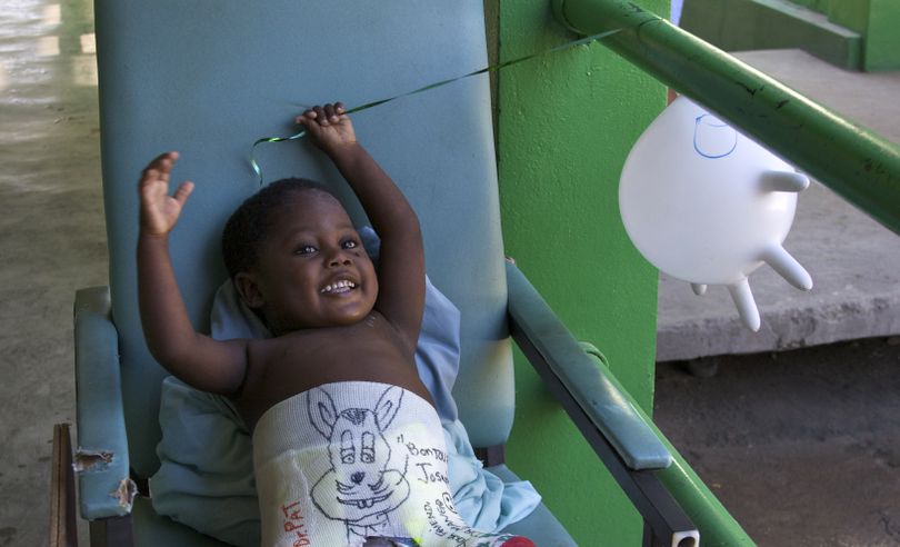 This boy, named Joseph, is recuperating from a broken femur following the earthquake in Haiti, in which he lost both his parents.