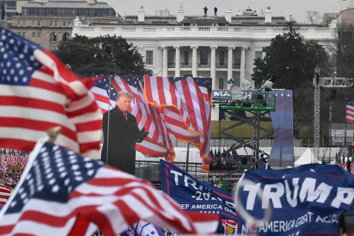 President Donald Trump speaks as his supporters gather for the Save America March event on Jan. 6, 2021, in Washington, D.C.  (Matt McClain/The Washington Post)