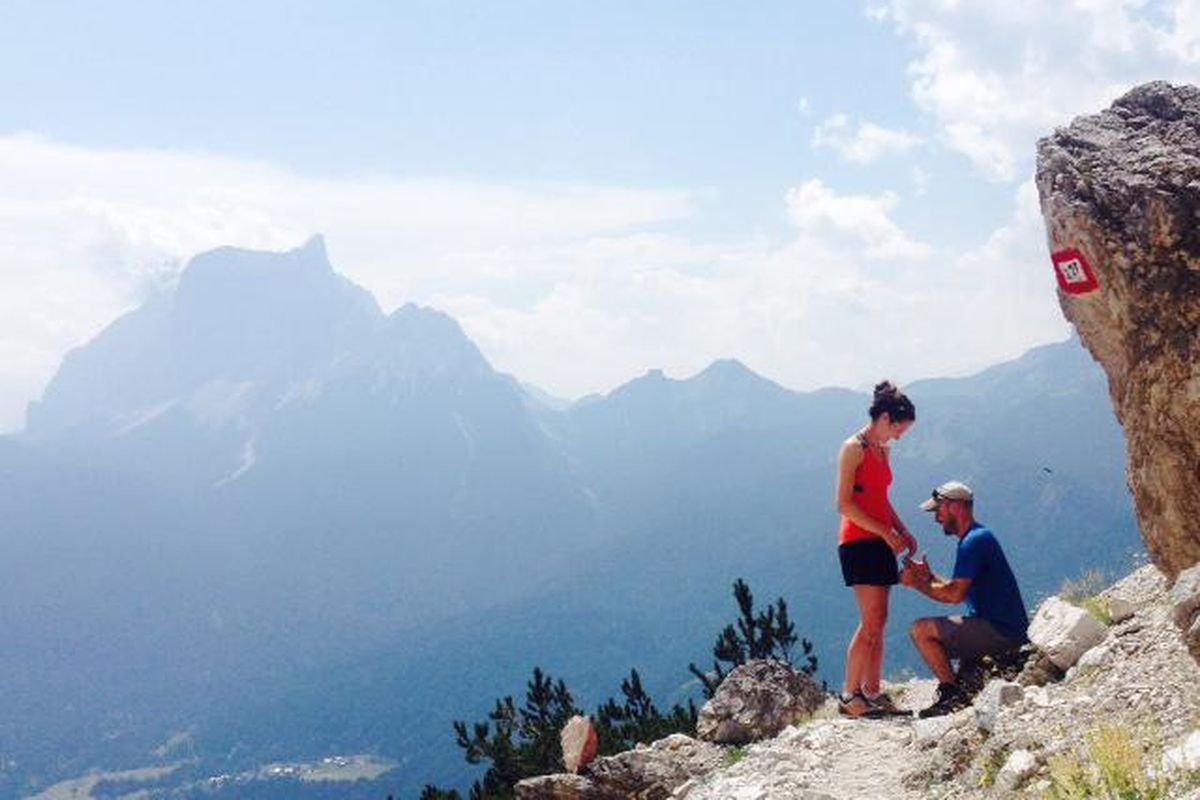 With limited options for running away, Alex Butler accepts a marriage proposal and ring from Brad Myers while climbing in the Dolomite Mountains of Italy.