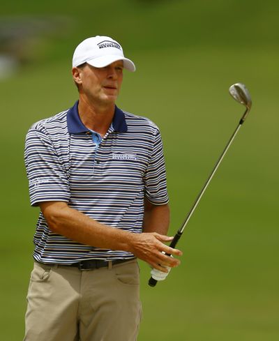 Steve Stricker watches his chip shot onto the 18th green during the third round of the Regions Tradition Champions Tour golf tournament, Saturday, May 11, 2019, in Birmingham, Ala. (Butch Dill / Associated Press)