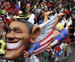 A carnival float showing a flying President Obama followed by a flying Europe is seen during the traditional carnival parade in Duesseldorf, Germany, on Monday. Street spectacles in the carnival strongholds of Duesseldorf, Mainz and Cologne are watched by hundreds of thousands of revelers, marking the highlights in Germany's carnival season. (AP Photo/Frank Augstein) (February 23, 2009) (The Spokesman-Review)