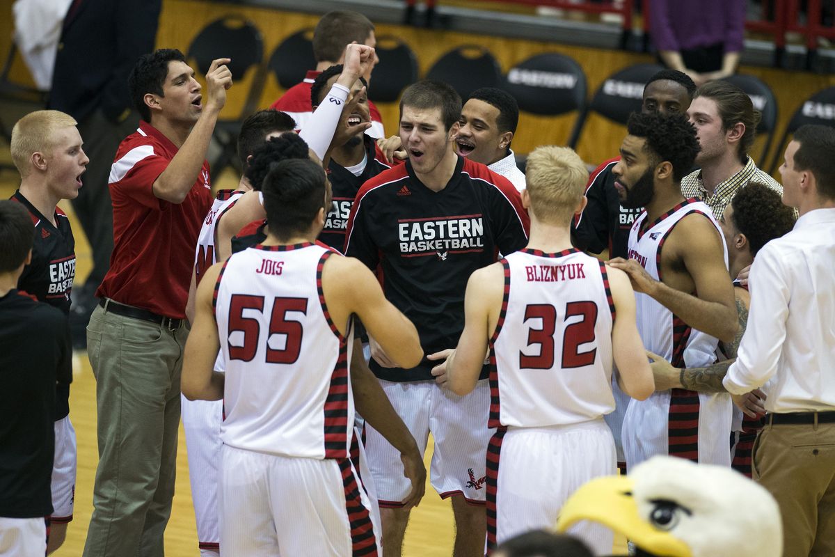The Eagles get pumped up before the start for their game with the University of North Dakota, Thurs., Feb. 11, 2016, at EWU in Cheney, Wash. (Colin Mulvany / The Spokesman-Review)