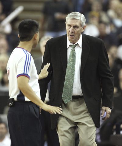 Utah Jazz coach Jerry Sloan questions a call by replacement referee Biel Banaria during a preseason game.  (Associated Press / The Spokesman-Review)