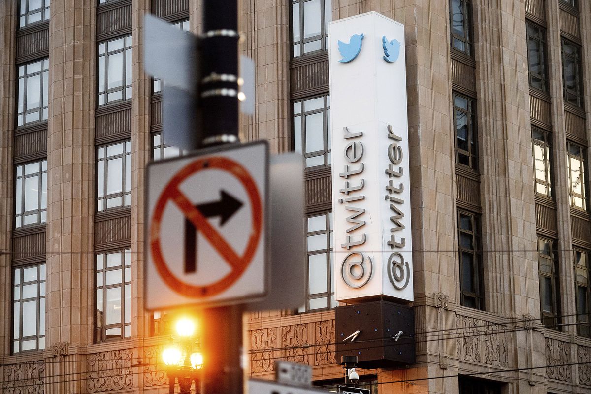 In this Jan. 11, 2021 photo, a sign hangs at Twitter headquarters in San Francisco. Republican state lawmakers are pushing for social media giants to face costly lawsuits for policing content on their websites, taking aim at a federal law that prevents internet companies, like Twitter, from being sued for removing posts.  (Noah Berger)