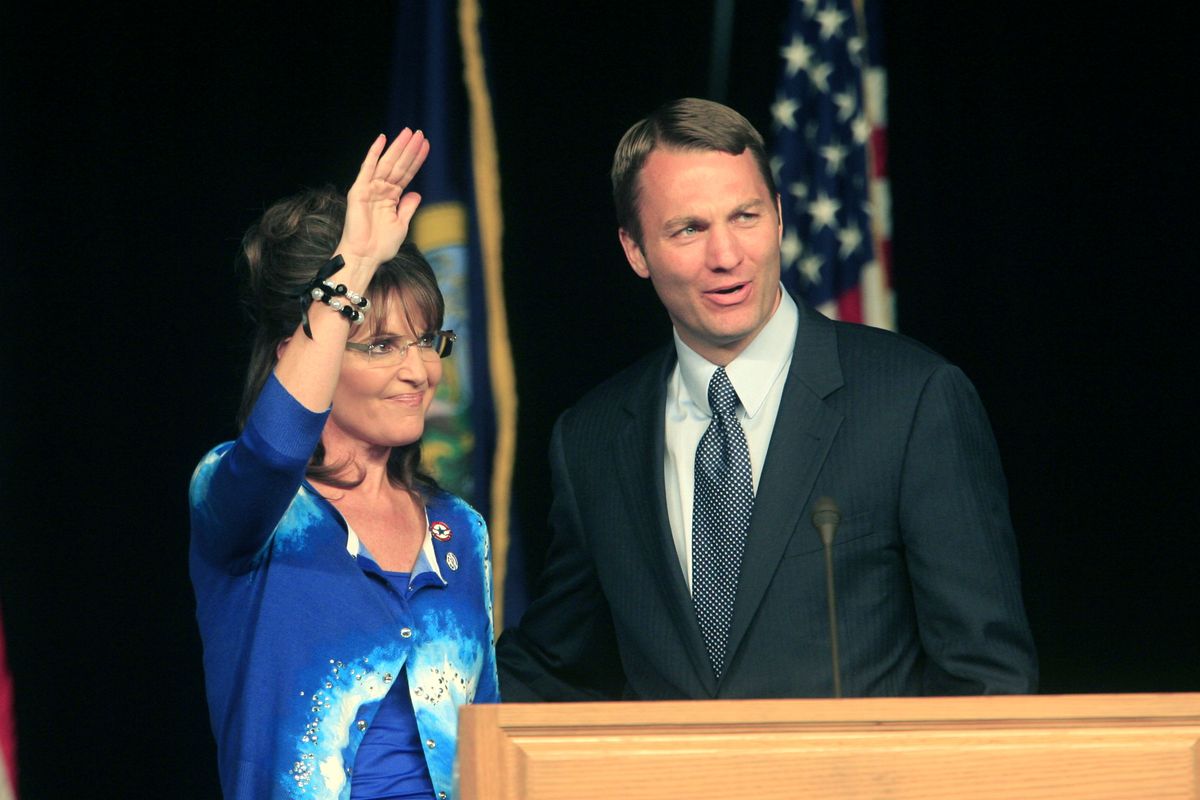 Former Alaska Gov. Sarah Palin and Idaho GOP congressional candidate Vaughn Ward wave to the crowd during a rally for Ward at Qwest Arena on Friday, May 21, 2010, in Boise. (Chris Butler / The Idaho Statesman)