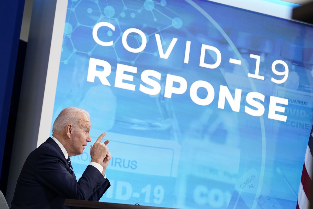 President Joe Biden speaks Thursday about the government’s COVID-19 response in the South Court Auditorium in the Eisenhower Executive Office Building on the White House Campus in Washington.  (Andrew Harnik)