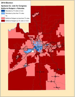 This is a map of the vote totals in Spokane County on election night for the 5th Congressional District race. (Jim Camden)
