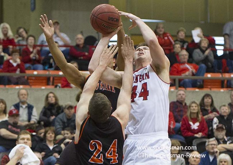 Eastern Washington's Felix Von Hofe (44) fights for a rebound against Idaho State during a college basketball game on Saturday, Jan. 3, 2015, at Eastern Washington in Cheney, Wash. (Tyler Tjomsland / Spokesman Review)