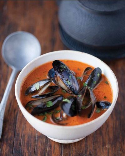 Serve these mussels to a crowd with bread for dipping, or as a weeknight dinner with the broth and shellfish ladled over heaping bowls of jasmine rice.