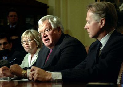 
House Speaker Dennis Hastert, center, gives a statement on energy prices during a news conference with Rep. Deborah Pryce, R-Ohio, left, and Rep. David Dreier, R-Calif., on Tuesday. 
 (Associated Press / The Spokesman-Review)