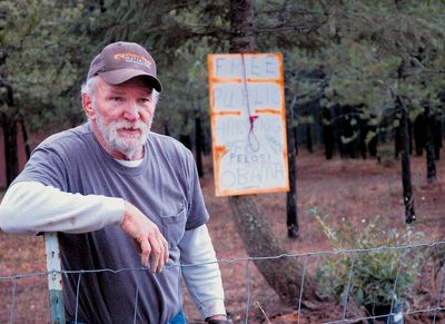 Ken Germana defends the sign he put up on his property in Vay, Idaho, as an issue of constitutionally protected free speech. The U.S. Secret Service is investigating the incident.  (Associated Press / The Spokesman-Review)