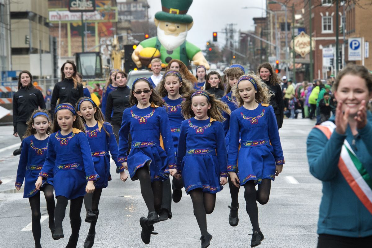 Haran Dancers perform high steps Saturday on Main Avenue during the 37th annual St. Patrick’s Day Parade in Spokane. (Dan Pelle)