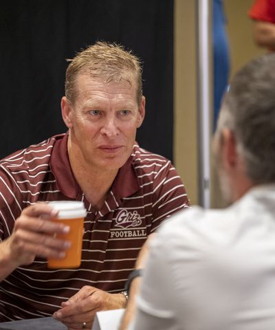 University of Montana head football coach Bobby Hauck talks to memebers of the media at the Big Sky Conference media day Monday, July 24, 2023 at the Northern Quest Casino in Airway Heights, Washington.  (Jesse Tinsley/THE SPOKESMAN-REVIEW)