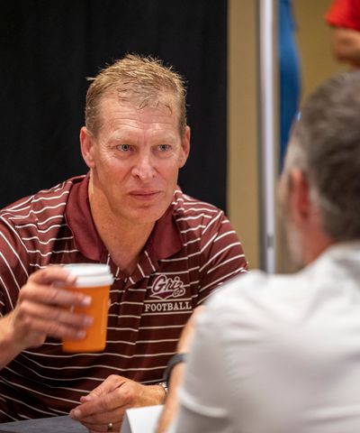 University of Montana head football coach Bobby Hauck talks to memebers of the media at the Big Sky Conference media day Monday, July 24, 2023 at the Northern Quest Casino in Airway Heights, Washington.  (Jesse Tinsley/THE SPOKESMAN-REVIEW)