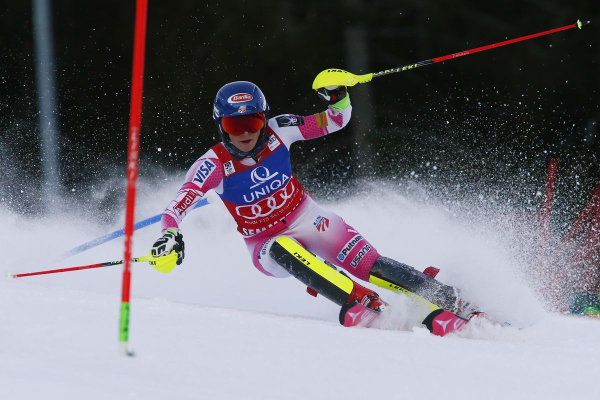 FILE - Mikaela Shiffrin, of the United States, competes during an alpine ski, women