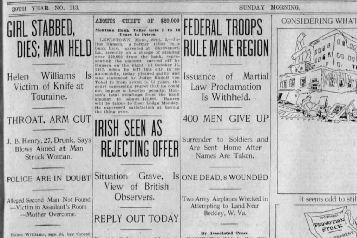 J.B. Henry, 27, a baker, was accused of fatally stabbing Helen Williams, 24, a file clerk at a hotel in Spokane, The Spokesman-Review reported on Sept. 4, 1921.  (Spokesman-Review archives)