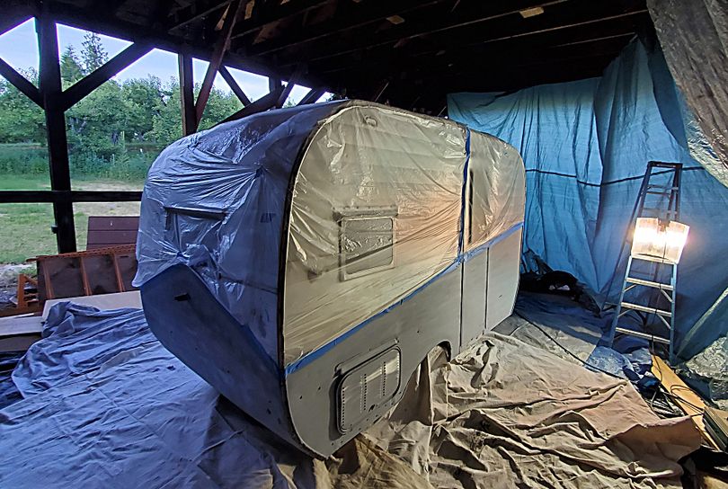 The 1958 Aloha Kelly family travel trailer as it is being restored in Leavenworth. (Chris Kelly)