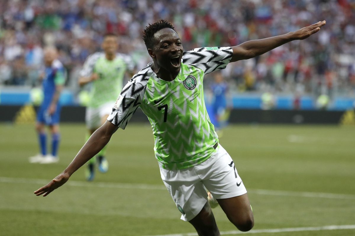 Nigeria’s Ahmed Musa celebrates after scoring his team’s second goal during a Group D match against Iceland at the 2018 World Cup in the Volgograd Arena in Volgograd, Russia, Friday, June 22, 2018. (Darko Vojinovic / Associated Press)