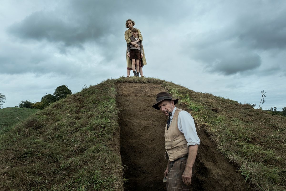 From top, Carey Mulligan, Archie Barnes and Ralph Fiennes in “The Dig.”  (Larry Horricks/Netflix)