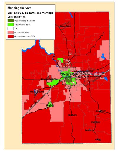 Map of the Spokane County votes on Referendum 74 on Election night (Jim Camden)