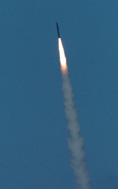 
An interceptor missile launched from Vandenberg Air Force Base, moves to its target Friday in California. 
 (Associated Press / The Spokesman-Review)