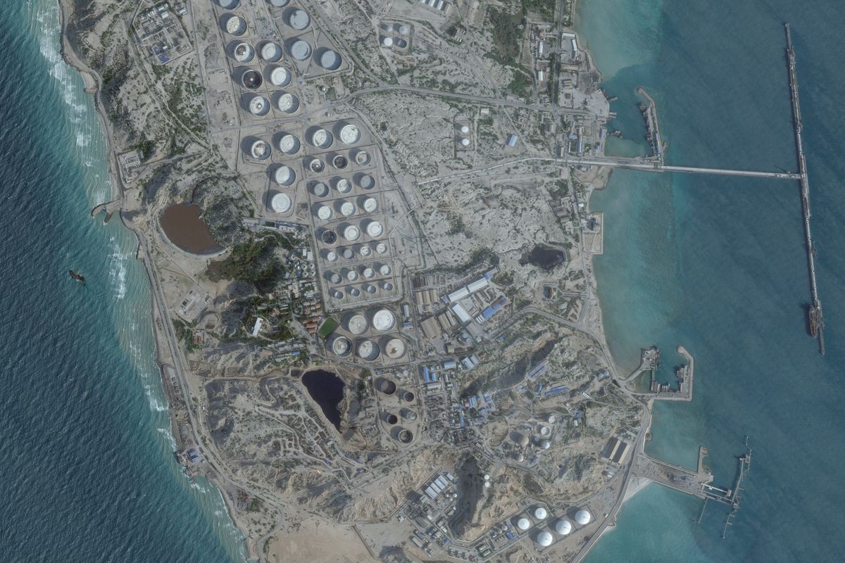 A satellite image shows an oil terminal at Kharg Island, Iran, February 25.  (Reuters)