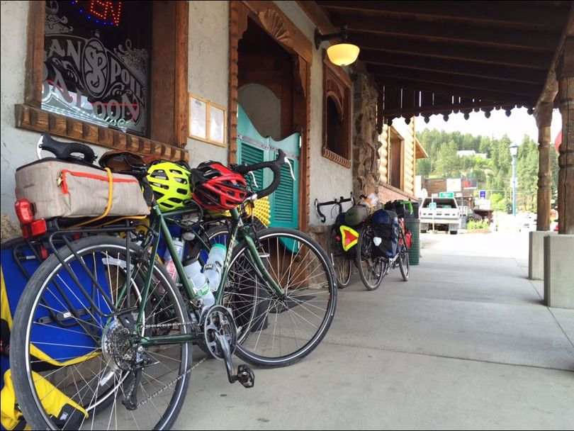 A pile of bikes outside of the Sportsmen Roost in Republic, Washington, on June 15, 2015 during Tour Deshais. (Nicholas Deshais)
