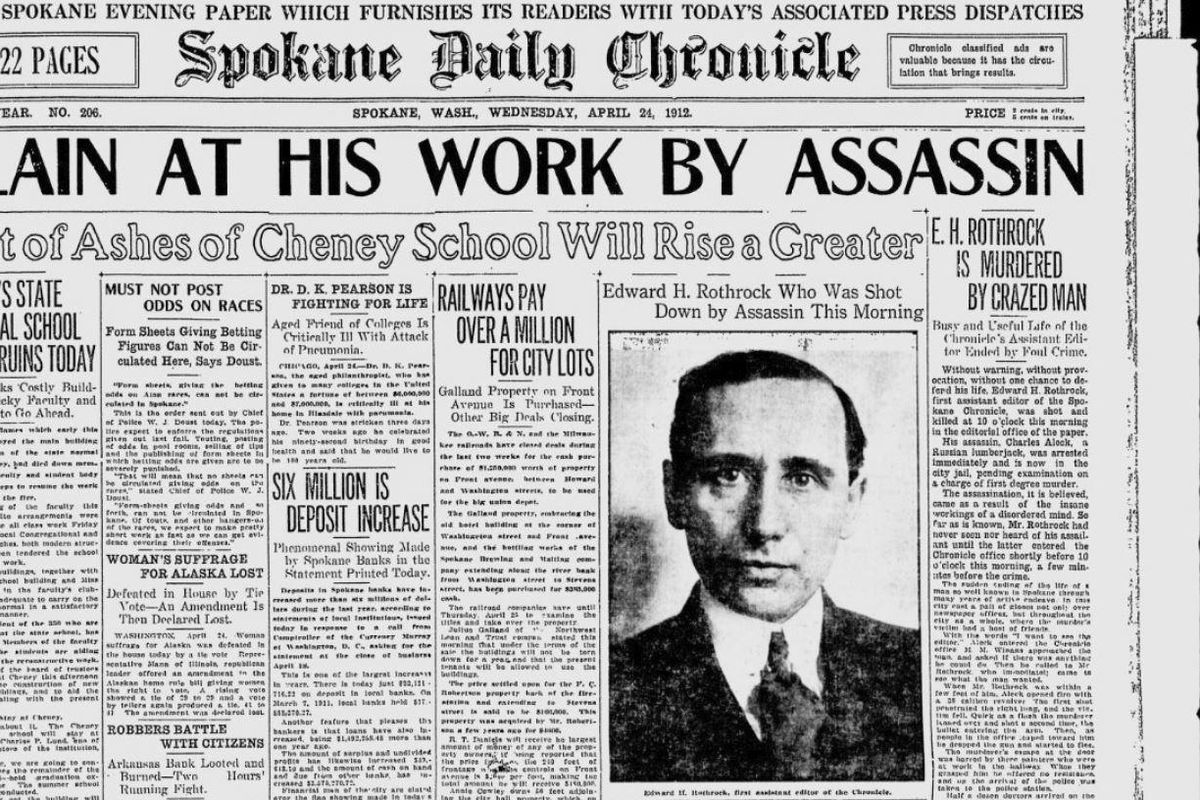Spokane Daily Chronicle Editor Edward Rothrock was shot and killed in the newsroom by Charles Alexiev, who was committed to Eastern State Hospital. (Spokesman-Review archives)