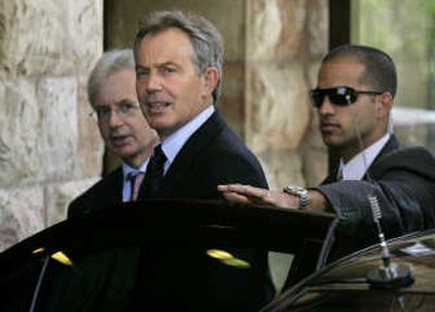 
New Quartet Mideast envoy and former British Prime Minister Tony Blair arrives Monday at Jerusalem's King David Hotel.Associated Press
 (Associated Press / The Spokesman-Review)