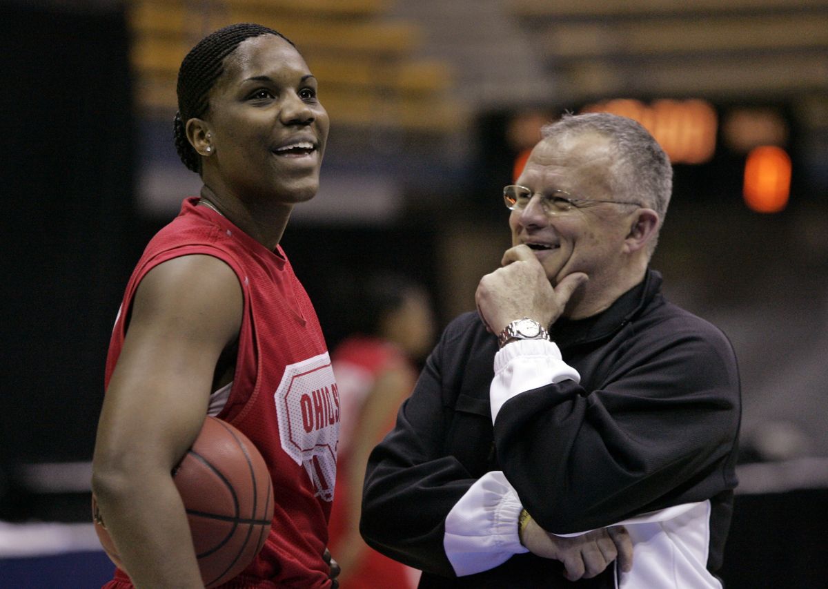 Ohio State center Jantel Lavender and coach Jim Foster share a laugh Friday. (Associated Press / The Spokesman-Review)