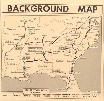 This maps shows the routes of Freedom Rides that took place throughout the South from April through December 1961. Rogers High School students are raising funds to attend a Civil Rights learning tour that will show them some of the journey taken by the Freedom Fighters.  (Lindsey Treffry / The Spokesman-Review)