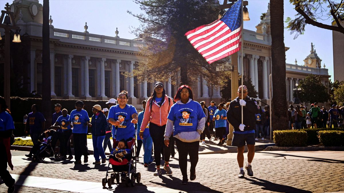 A Martin Luther King Jr. Day march in Riverside, Calif., from the documentary “Our Towns.”  (HBO Max)